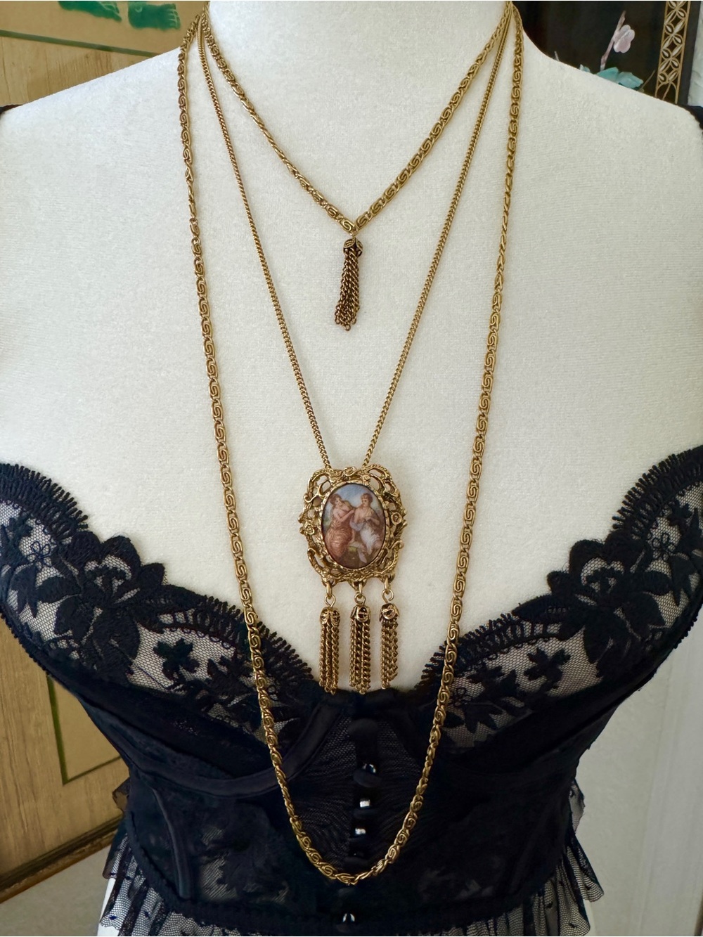 Vintage Victorian Revival Portrait Tassel Necklace Brooch Pendant